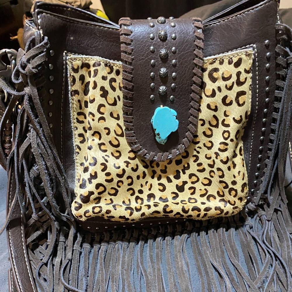 Brown and Leopard Print Fringe Bag